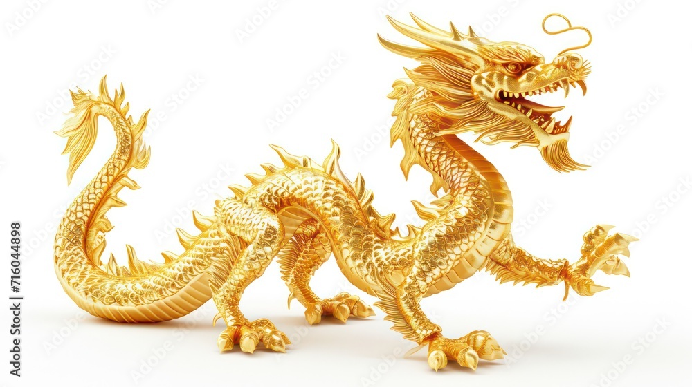 Fototapeta premium Chinese golden dragon isolated on white with clipping path.Golden traditional chinese dragon isolated on white background. Feng Shui statuette.