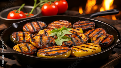 BBQ Grilled Vegetables on with Fresh Herbs and Spices. Barbecue Food.