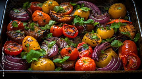 BBQ Grilled Vegetables on with Fresh Herbs and Spices. Barbecue Food. © bravissimos