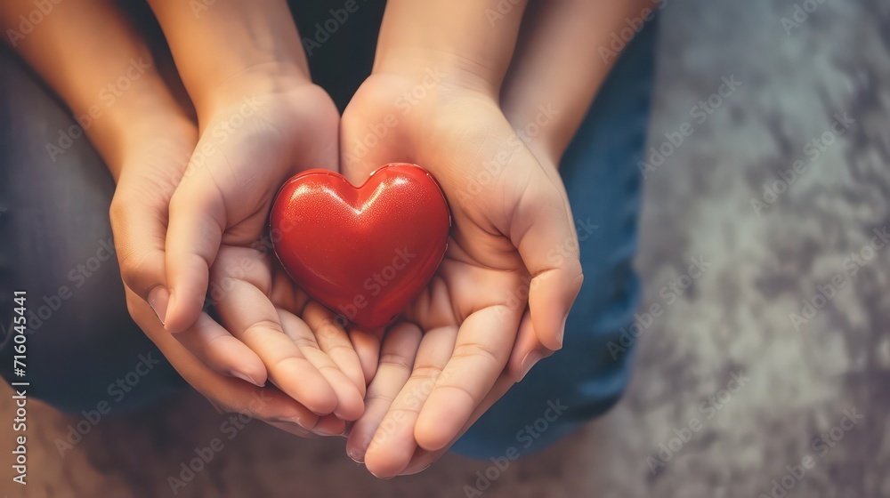 Obraz premium Young woman holding red heart, health insurance, donation, happy charity volunteer concept, world health day, world mental health day, world heart day