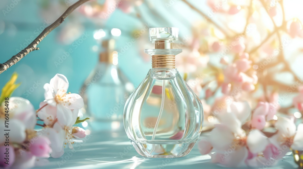 Sakura perfume ads, realistic style perfume in a glass bottle on blurred blue background with bokeh with sakura flowers. Great advertising poster for promoting a new fragrance Vector template. Sakura perfume ads, realistic style perfume in a glass bottle on blurred blue background with bokeh with sakura flowers. Great advertising poster for promoting a new fragrance Vector template.