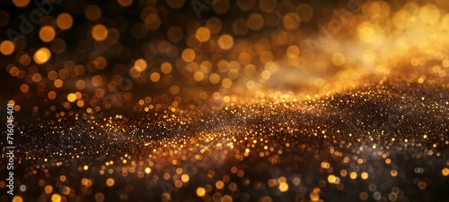 Golden glitter christmas abstract bokeh background. Blurred sparkles festive backdrop