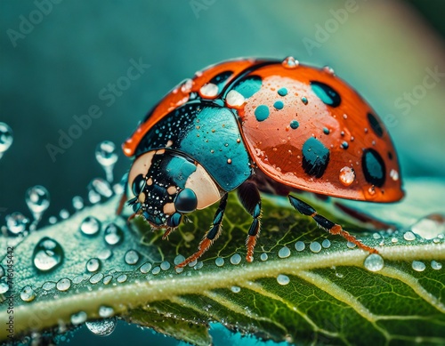 Ladybug on a dewy leaf