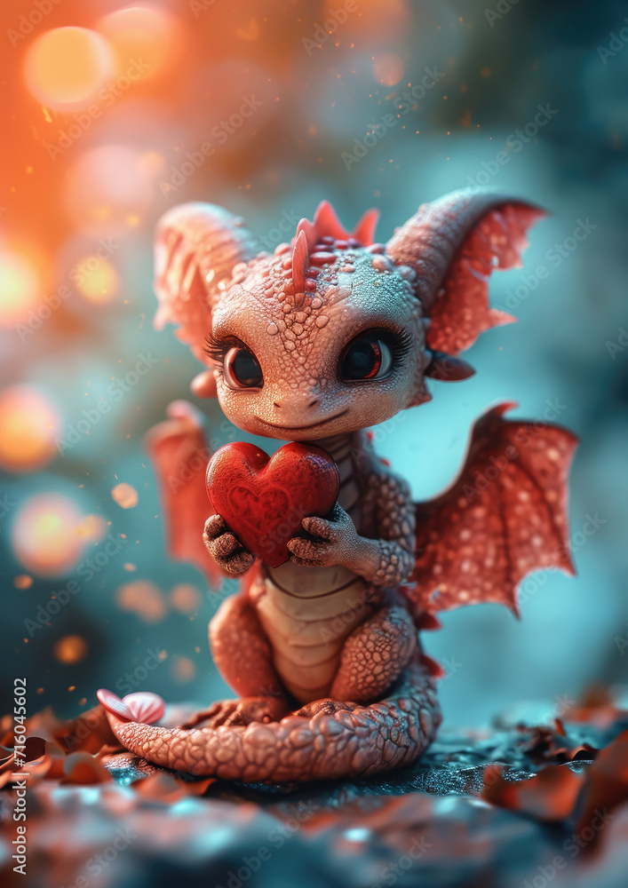 small cute baby dragon holding heart, valentine's day, love, symbol, card, february 14, chinese calendar, passion, date, mythical character, lizard