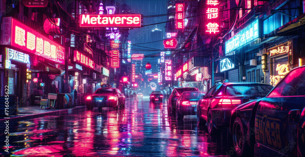 Cyberpunk neon city at night, dark futuristic town in rain, sign Metaverse on modern wet street with red, purple and blue light. Concept of future, virtual reality, game, technology, - obrazy, fototapety, plakaty 