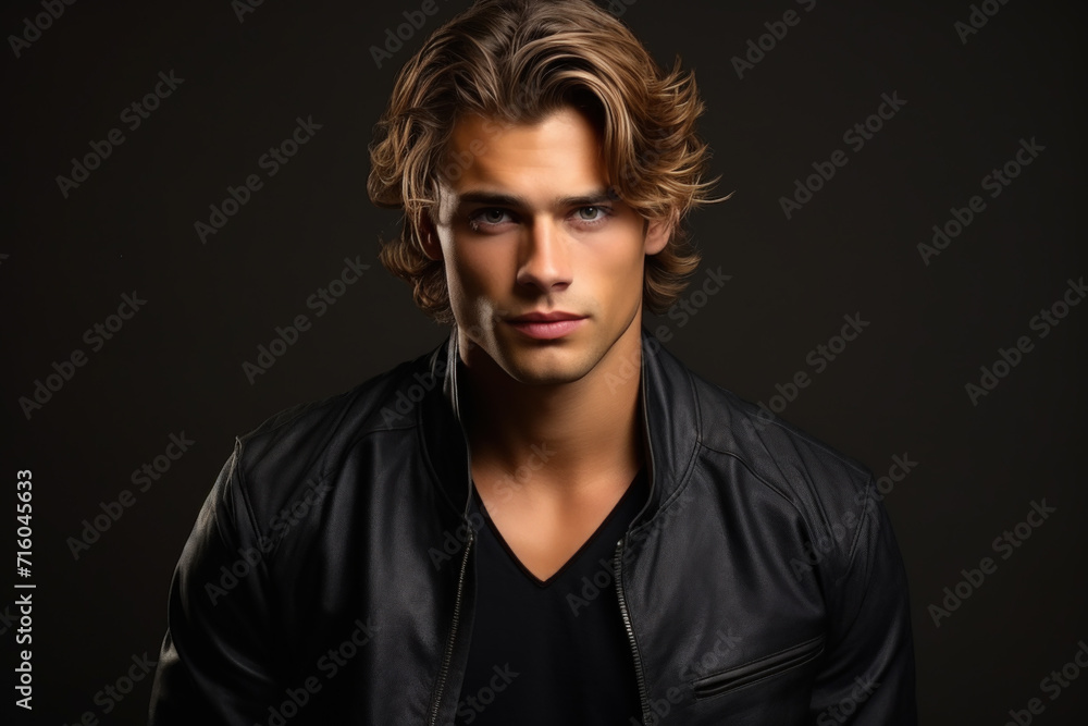 Fototapeta premium Handsome male model with wavy hair isolated on dark studio background, face of young man wearing black jacket. Concept of style, fashion, beauty portrait, hairstyle