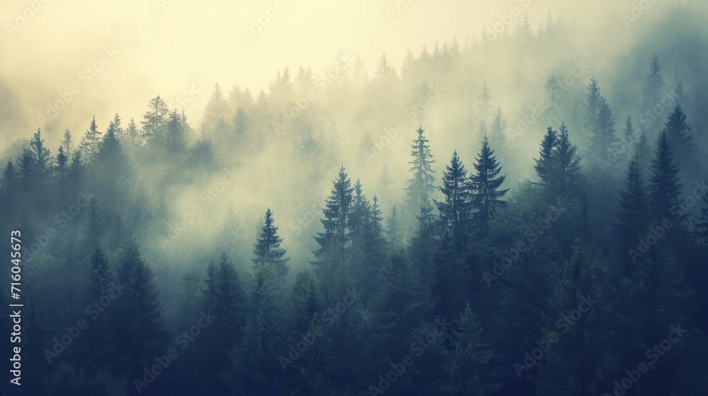 Misty foggy mountain landscape with fir forest and copyspace in vintage retro hipster style