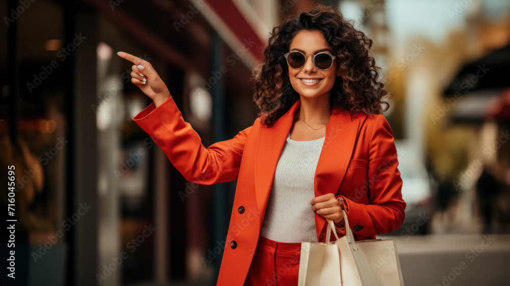 Obraz premium Smiling young woman holding shopping bags and pointing finger to side on street. Happy female person wearing red jacket near store. Concept of show, sale, fashion, discount