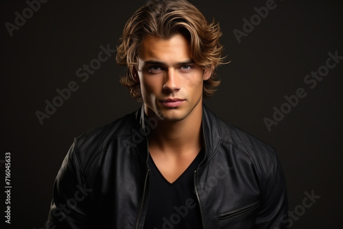 Handsome male model with wavy hair isolated on dark studio background, face of young man wearing black jacket. Concept of style, fashion, beauty portrait, hairstyle