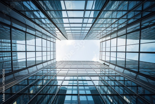 Modern office building with futuristic design, bottom view of courtyard-well and blue sky. Geometric facade with glass and steel. Concept of architecture, skyscraper, business