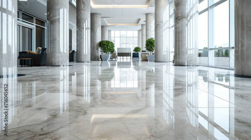 Interior of luxury lobby of commercial building, clean shiny floor in office hall after professional cleaning service. Concept of marble tile, light, corporate hallway, design. photo