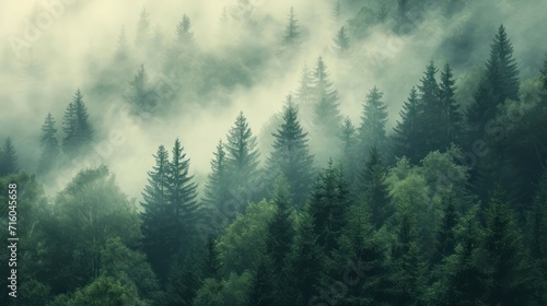 Misty foggy mountain landscape with fir forest and copyspace in vintage retro hipster style photo