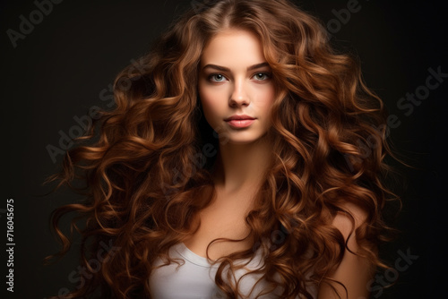 Young woman with luxury brown long hair on black studio background. Portrait of adult girl model with wavy stylish hairstyle. Concept of beauty face, style, fashion, studio, sexy