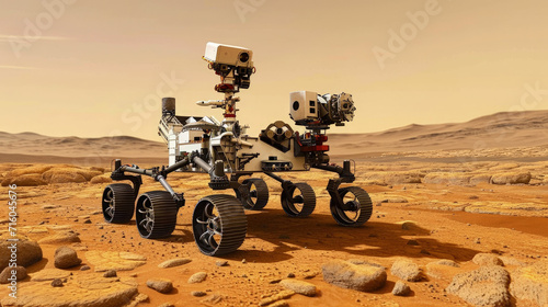 Space rover in red desert, futuristic wheel robot explores surface of planet, unmanned vehicle with photo and video cameras. Concept of Mars, technology, science, discovery, future.
