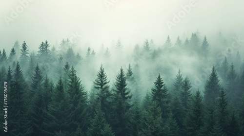 Misty foggy mountain landscape with fir forest and copyspace in vintage retro hipster style © Ibad