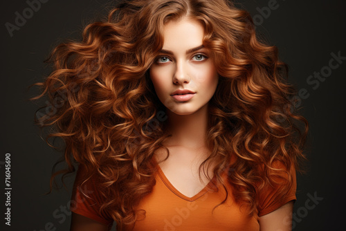 Young woman with luxury red brown long hair on dark studio background. Portrait of adult girl model with wavy stylish hairstyle. Concept of beauty face, style, fashion, studio, care, ad