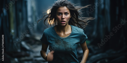 Scared young woman runs down dark alley at night, face of frightened girl escaping danger. Terrified female person like in thriller or horror movie. Concept of chase, fear, crime photo