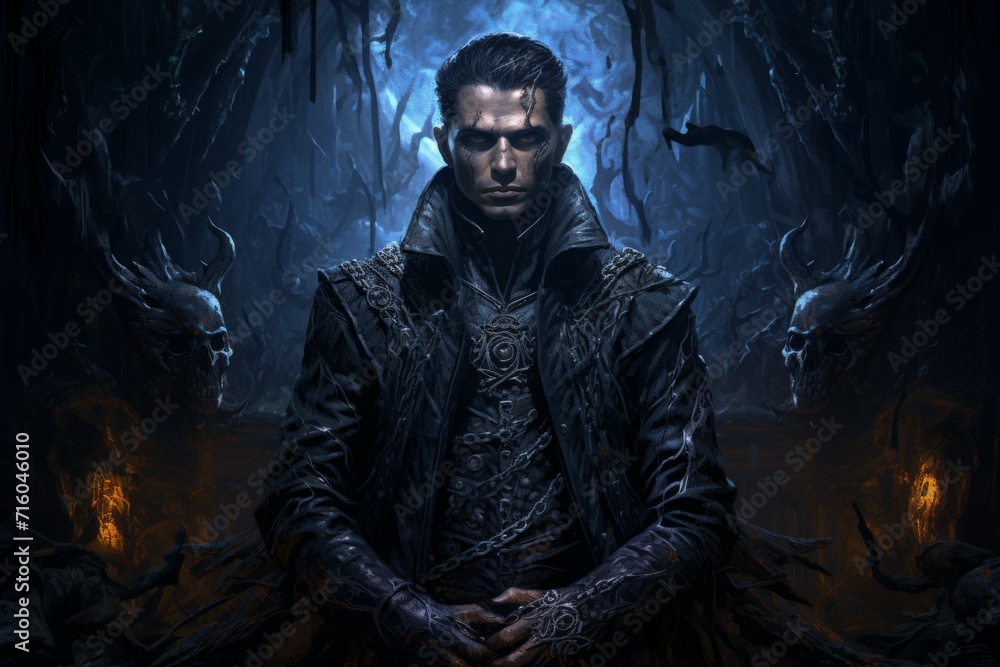 A brooding and mysterious warlock, bound to a powerful otherworldly patron and wielding eldritch powers. - Generative AI A brooding and mysterious warlock, bound to a powerful otherworldly patron and wielding eldritch powers. - Generative AI