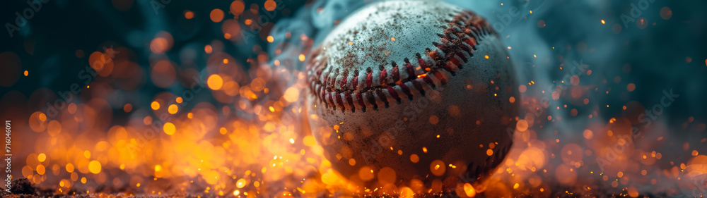 A baseball with smoke around, dark light and orange tones, black background. Space for text. - obrazy, fototapety, plakaty 