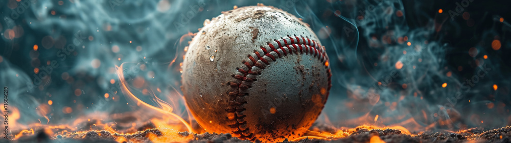 A baseball with smoke around, dark light and orange tones, black background. Space for text. A baseball with smoke around, dark light and orange tones, black background. Space for text.