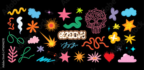 Groove set with abstract stickers and bold shapes. Y2k bright minimalist shapes, collage of elements from the 90s and 00s. Retro elements - stars, flowers, sun, clouds and more. Groove elements set