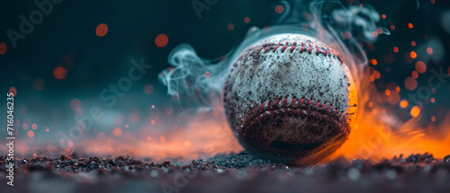 A baseball with smoke around, dark light and orange tones, black background. Space for text. photo