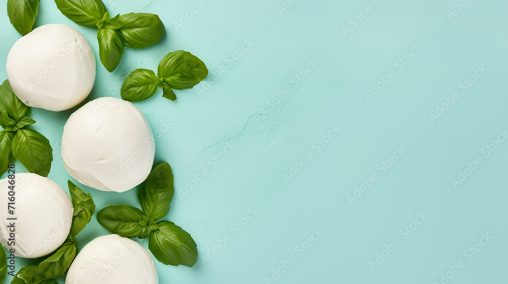 Mozzarella cheese balls on light blue background, top view	