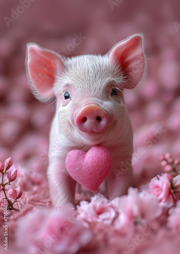 small cute pink pig holding a heart on a blurred background, valentines day, love, symbol, postcard, february 14, piglet, animal, character, illustration