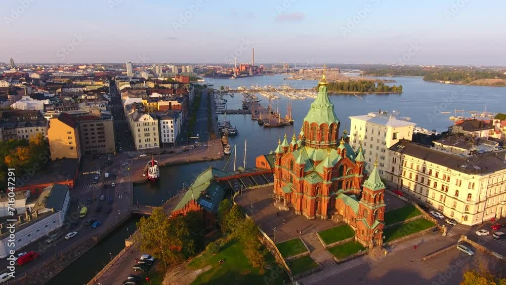 Helsinki from above in summertime. Aerial view to center of Helsinki with docks and Uspensky Cathedral