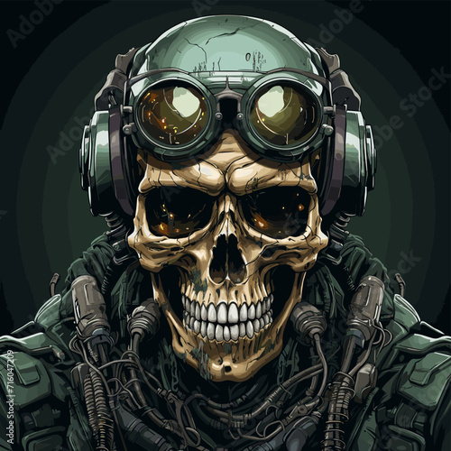 military Soldier skull with helmet, glasses, headphones, night vision goggle, vector illustration