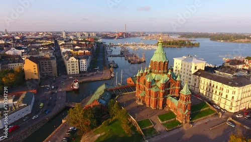 Helsinki from above in summertime. Aerial view to center of Helsinki with docks and Uspensky Cathedral photo