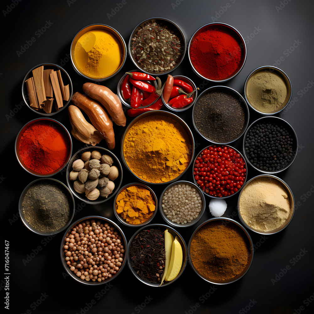 Colored spice background. Spices top view Colored spice background. Spices top view