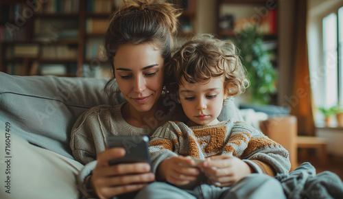 parent and child watching at  a cell phone