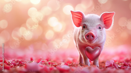 small cute pink pig holding a heart on a blurred background, valentines day, love, symbol, postcard, february 14, piglet, animal, character, illustration