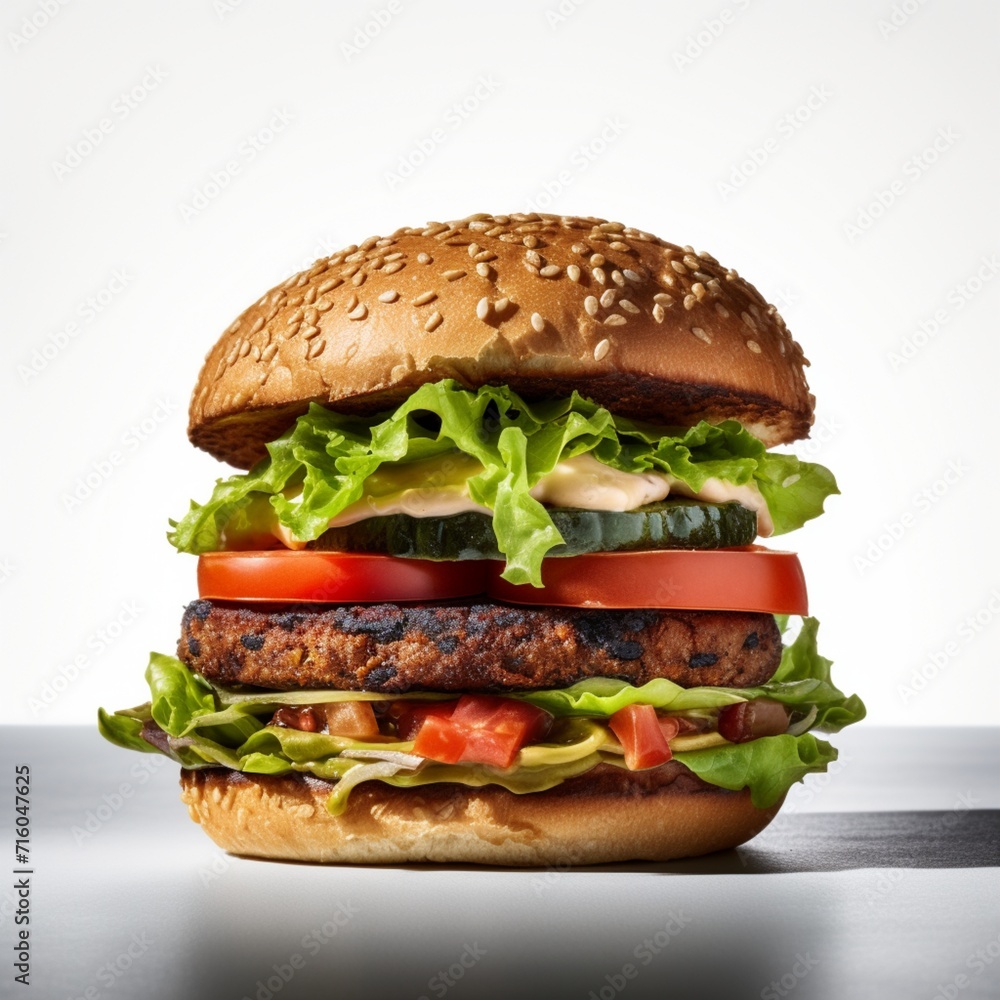 Delight in the plant-based goodness of a vegan beyond burger, featuring crisp lettuce, ripe tomato, and creamy avocado. The burger, showcased on a white background, is a flavorful and compassionate ch Delight in the plant-based goodness of a vegan beyond burger, featuring crisp lettuce, ripe tomato, and creamy avocado. The burger, showcased on a white background, is a flavorful and compassionate ch