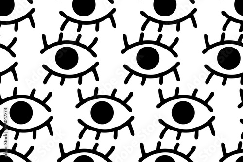 Cute cartoon eyes black outlines on the white background. Seamless vector pattern for design and decoration.
