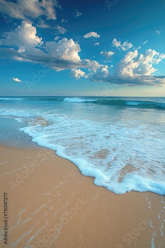 Calm beach landscape with golden sand, tranquil waves and a blue sky © piai