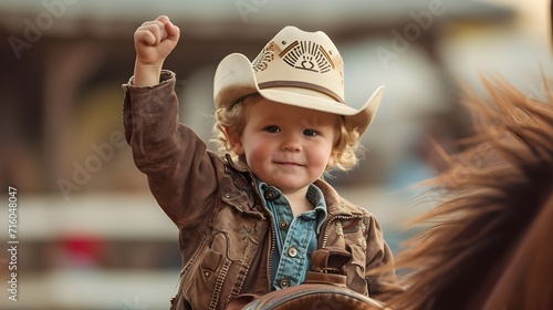 Happy smiling young cowboy riding horse at rodeo event, wearing a cowboy hat, posing with one hand raised