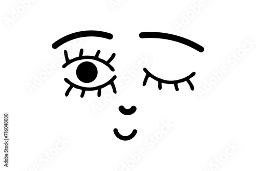 Cute happy cartoon eyes, smile, face black outlines on the white background. Vector illustration.