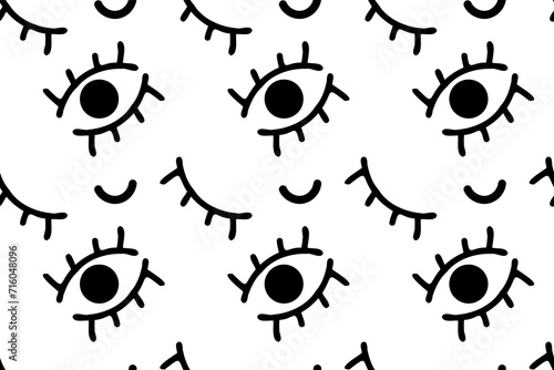 Cute cartoon eyes, smile, face black outlines on the white background. Seamless vector pattern for design and decoration.