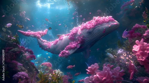 Princess whale with colorful pink flowers, beautiful underwater sea marine life cartoon, unique digital art work background, fantasy surreal dreamy illustration for children. © Koko Art Studio