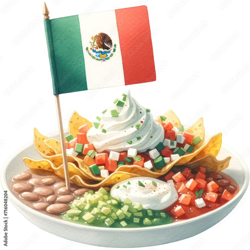 Chilaquiles Adorned, A plate of breakfast chilaquiles adorned with a tiny Mexico flag on a toothpick, PNG Clipart, High Quality Transparent Backgrounds