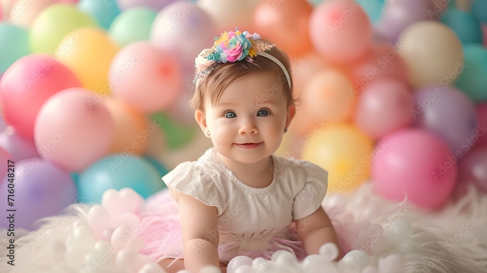 Adorable baby model girl with flower and balloons. Pastel pink background cute infant studio shot portrait for birthday or festive holiday season. Adorable baby model girl with flower and balloons. Pastel pink background cute infant studio shot portrait for birthday or festive holiday season.