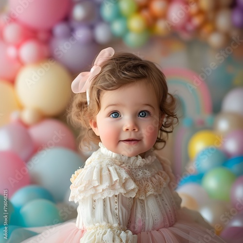 Sweet baby girl surrounded by floating balloons against a pastel dream backdrop