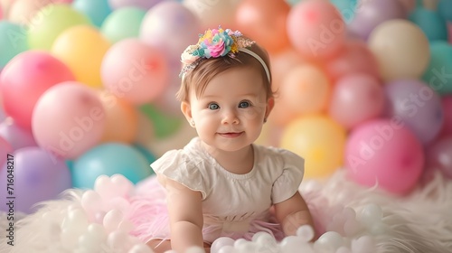 Adorable baby model girl with flower and balloons. Pastel pink background cute infant studio shot portrait for birthday or festive holiday season.