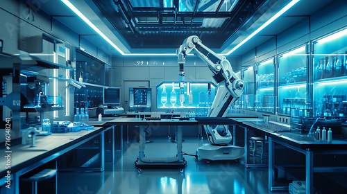 Um laboratório moderno e elegante brilha com luzes azuis suaves criando um ambiente futurista