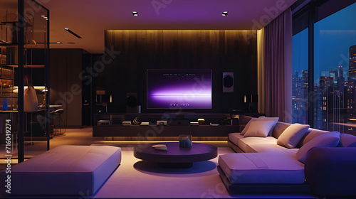 Uma moderna sala de estar apresenta tecnologia de  I A de ponta integrada perfeitamente à vida cotidiana photo