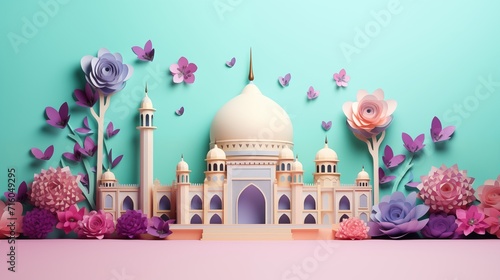 Ramadan kareem and eid fitr islamic concept background illustration with mosque and blossom flowers in paper cutting style 3D for wallpaper, greeting card and flyer. Aesthetic colorful pastel color.