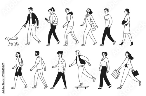 People walk and do things. Men, women and teenagers are walking, skateboarding, walking the dog, looking at the phone. Vector illustration isolated in doodle style