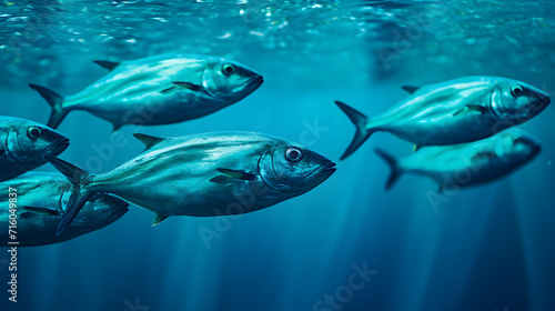 Fish in the blue ocean. Group of marine life swimming together.